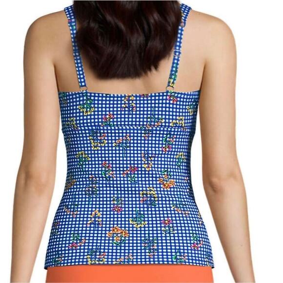 Lands End Blue Gingham Floral Swim Tankini Top Women's 8 Beachy Botanical Check - Picture 2 of 10